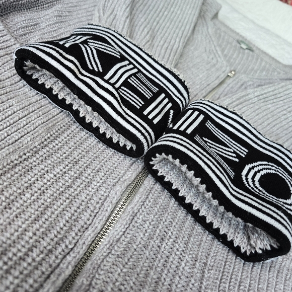 KENZO Knit Zippered V-neck Cardigan Logo Printed Cuff Cotton Wool Blend - Gray - Picture 5 of 16